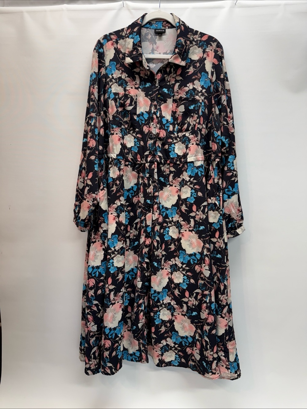 Torrid Shirt Studio Dress Button Front Sz 1X Black Pink Floral Midi Long Sleeve
